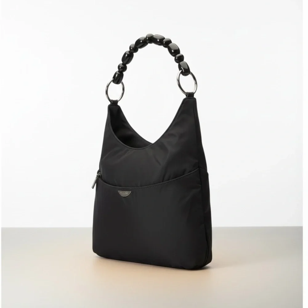Vintage Christian Dior Black Nylon Beaded Hobo Bag Y2K Minimalist Shoulder Bag